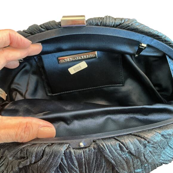 SONDRA ROBERTS Navy Blue Metallic Silk Gathered Pleated Evening Clutch Handbag - Picture 7 of 10